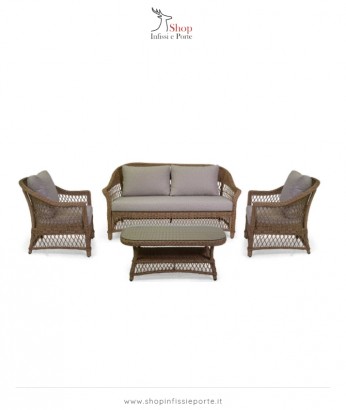Salotto imbottito in alluminio polyrattan colore vimini naturale composto da divano a 2 posti con poltrone e tavolino